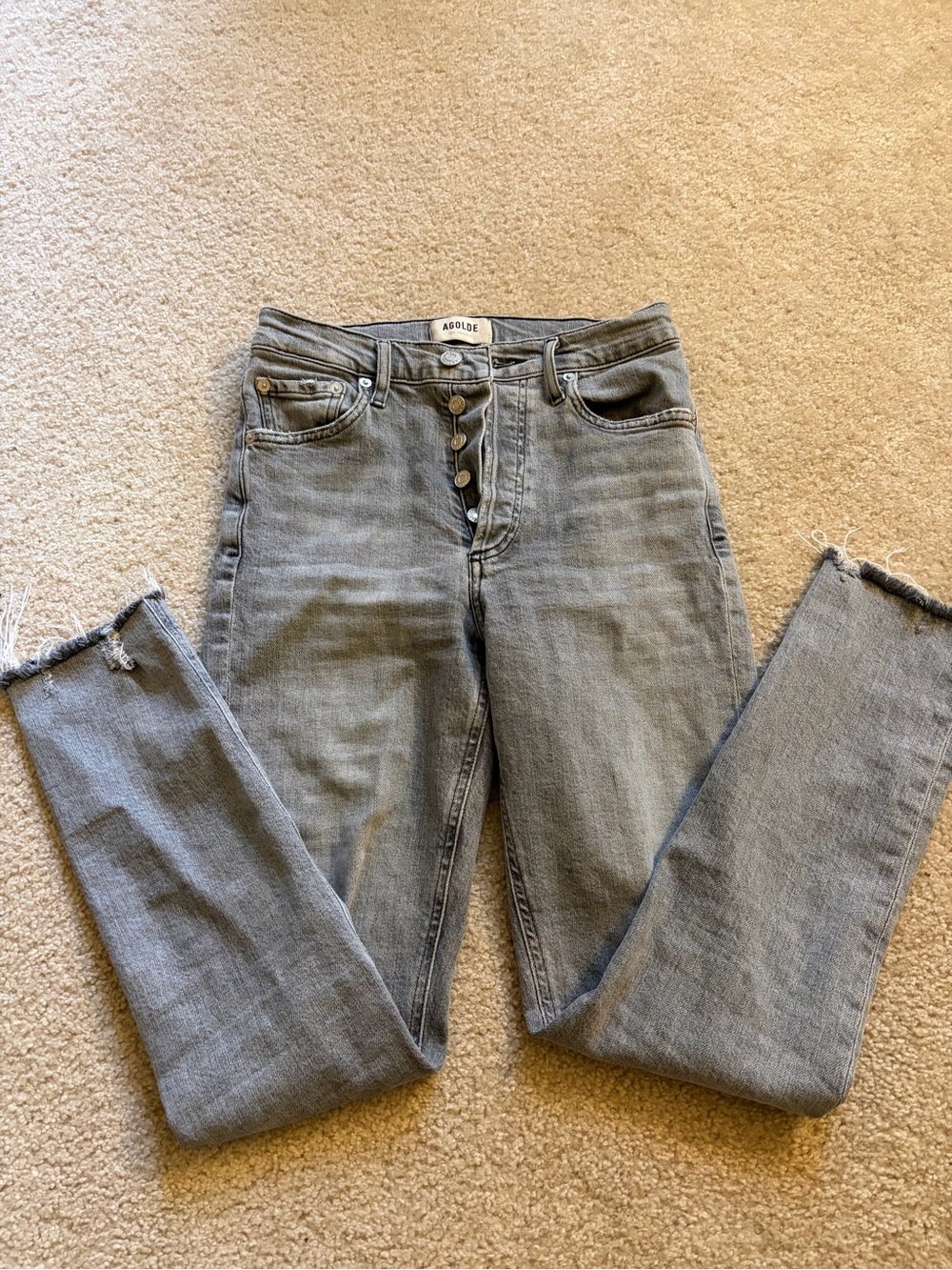 Agolde High-Rise Button-Fly Slim Straight Jeans in Grey